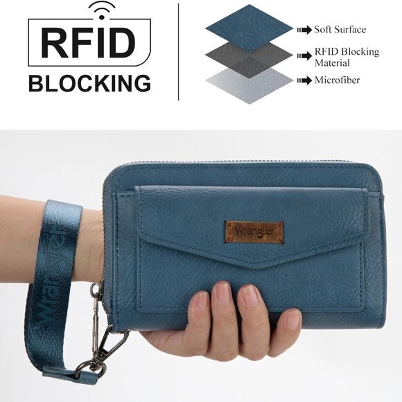 Wrangler Large Capacity Wallets Women with Wristlet and Metal Smooth Zipper - Picture 2 of 6